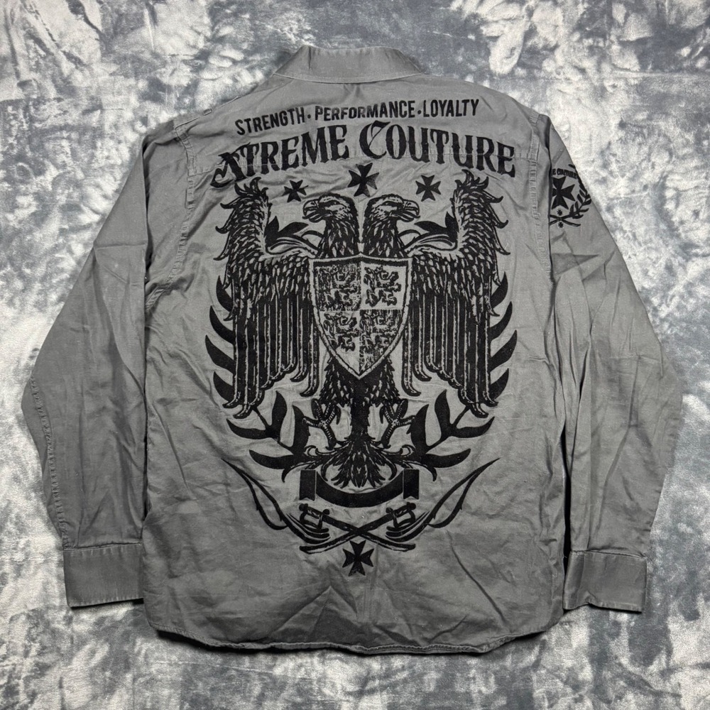 Xtreme Couture Button Down Shirt Mens XL Gray Graphic Back Flocked Eagle Y2K